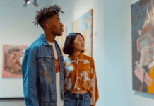 Young millennial couple, a man of African descent and a woman of Asian descent, admiring a large abstract painting in a modern art gallery.