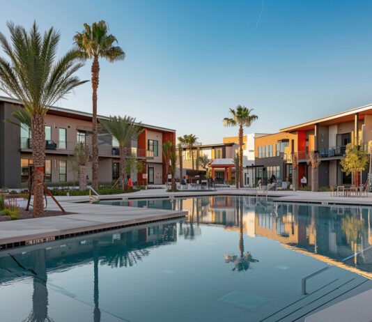 Daytime view of Tucson Lofts with upscale design, swimming pool, and landscaped grounds.