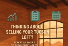 Modern Tucson loft interior with real estate agent advising a couple about selling, featuring selling icons and a desert skyline view.